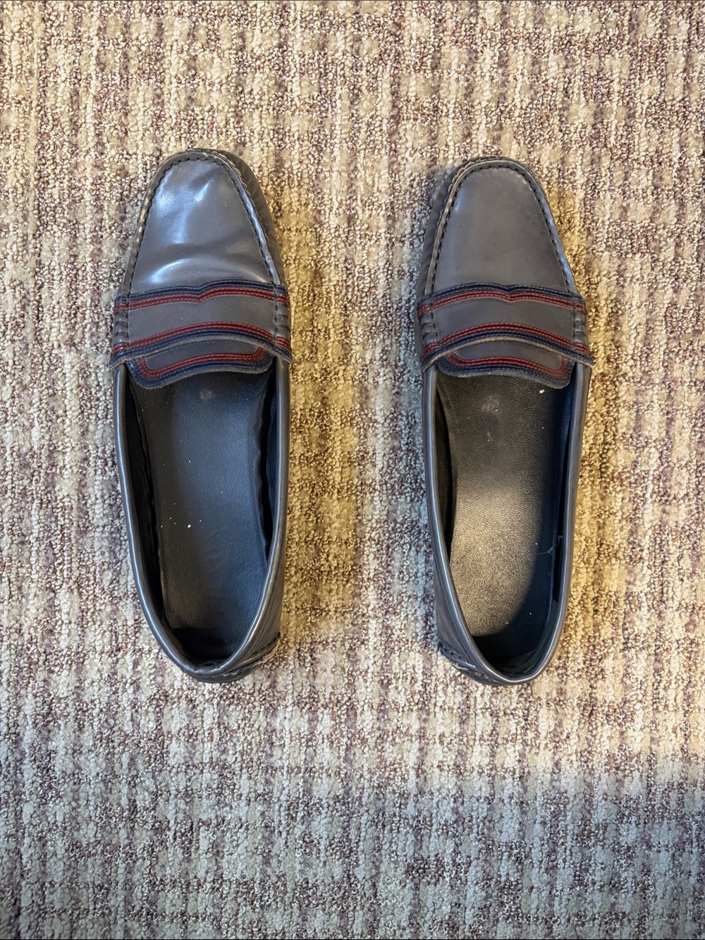Prada Grey Leather Loafers with Red and Blue Trim